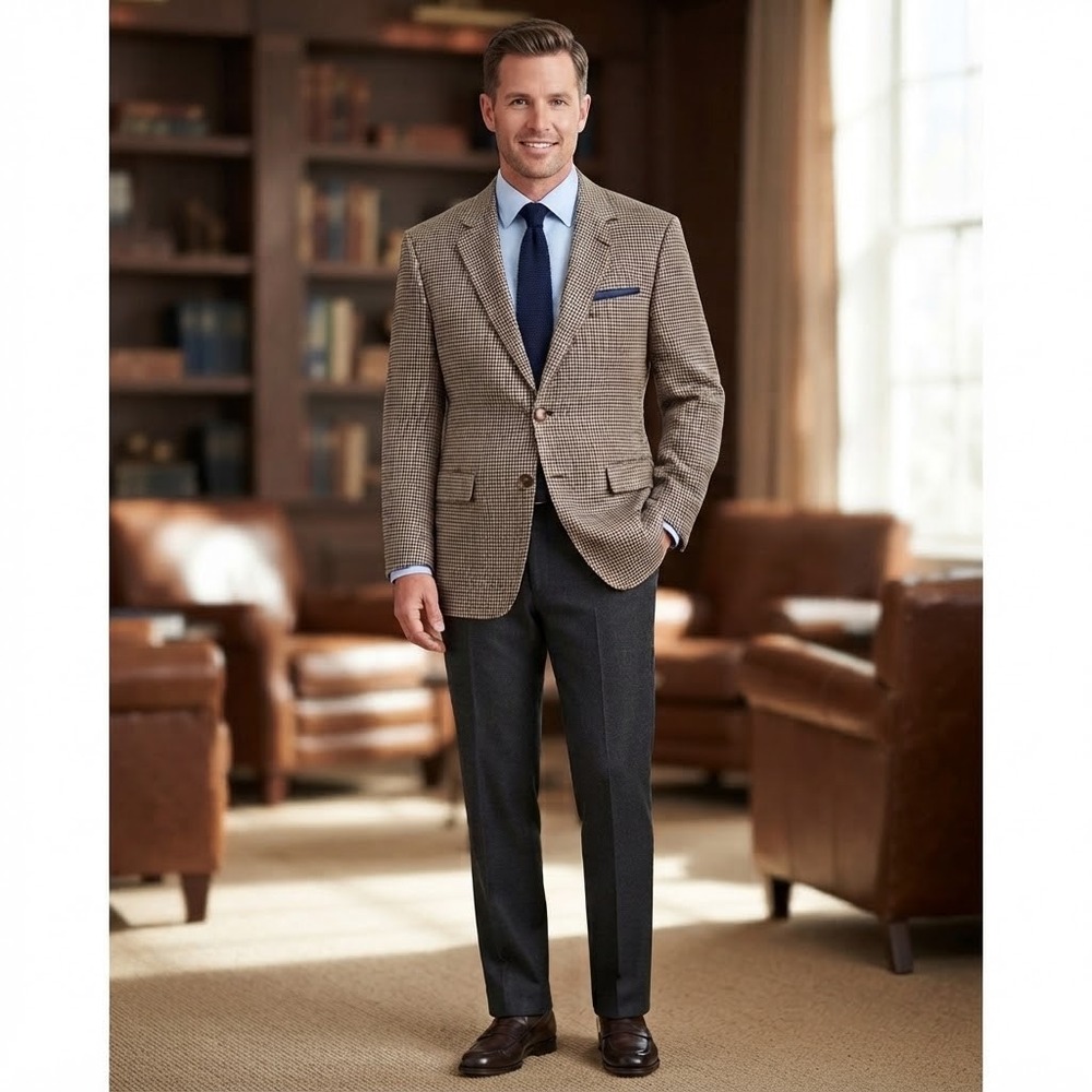 Stafford Essentials Mens 44R Classic Fit Houndstooth Blazer Sport Coat Tan Brown